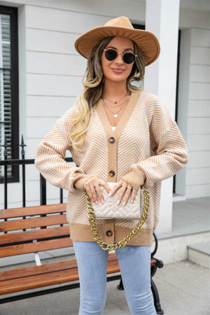 Chevron knit cardigan in tan with contrast trim, button front, and V-neck.