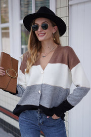 Colorblock acrylic cardigan with V-neck and button front, featuring brown, white, grey, and black stripes.