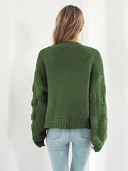 Army green acrylic knit cardigan with textured sleeve details.