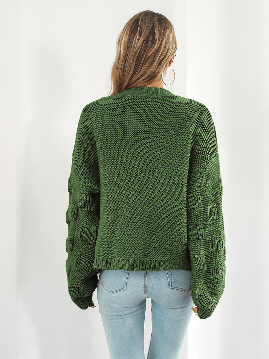 Army green acrylic knit cardigan with textured sleeve details.