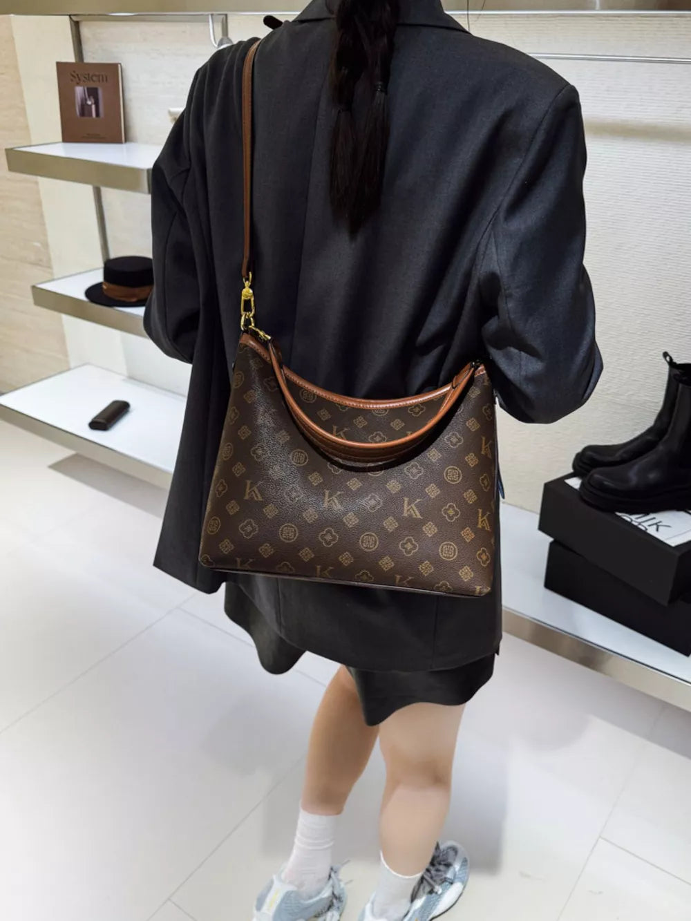 Monogram Pattern Shoulder Bag in Brown, front view