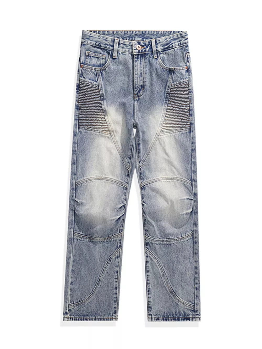 Men's light wash wide-leg jeans with moto-inspired paneling and ribbed detailing.