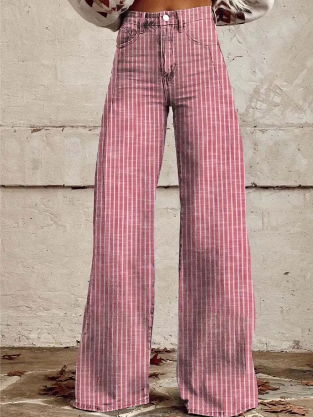 Pink striped high-waisted wide-leg denim jeans with pockets