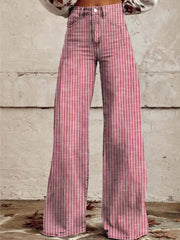 Pink striped high-waisted wide-leg denim jeans with pockets