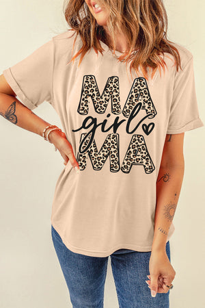 Tan graphic tee with leopard print "Mama" text and rolled sleeves.