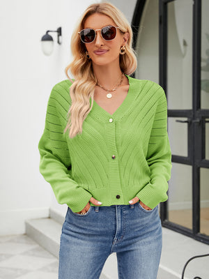 Lime cropped V-neck knit cardigan with button front and open knit detail