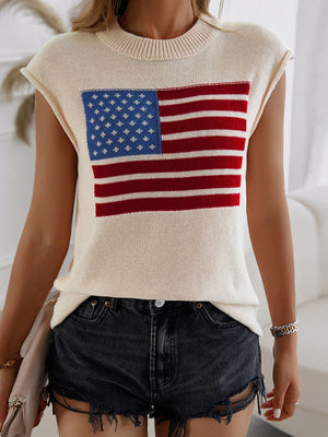 Beige knit vest with American flag detail, crew neck, sleeveless, casual style
