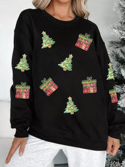 Black cotton crew neck sweatshirt with sequin Christmas tree and gift embellishments.