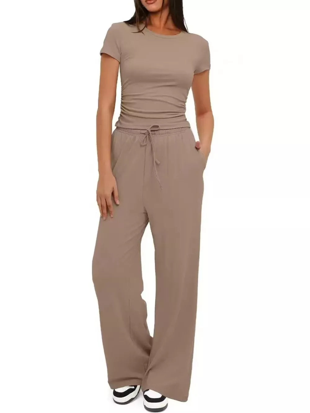 Ruched Short-sleeve Pants in Khaki Color, view 13