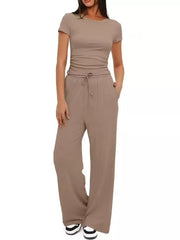 Ruched Short-sleeve Pants in Khaki Color, view 13