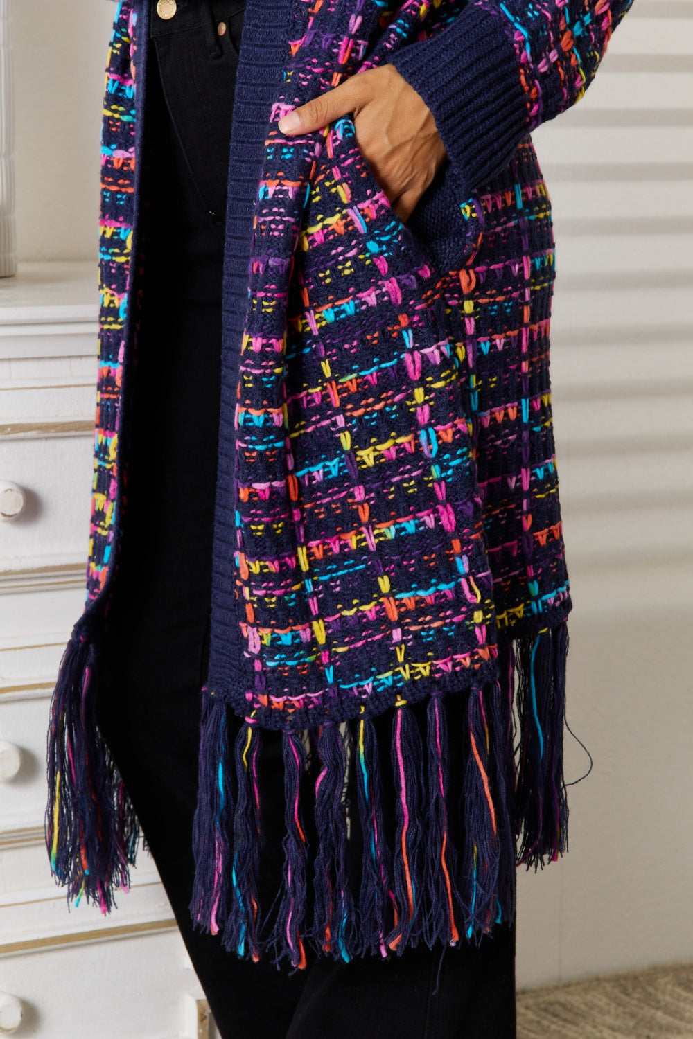 Multicolor bouclé fringe maxi cardigan with navy ribbed trim and pockets.