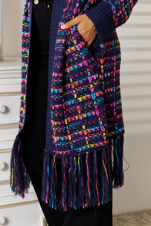 Multicolor bouclé fringe maxi cardigan with navy ribbed trim and pockets.