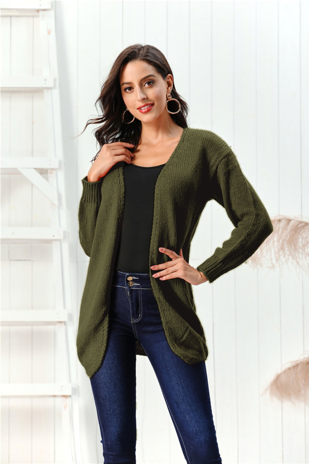 Army green acrylic knit open-front cardigan with a draped hem and long sleeves.