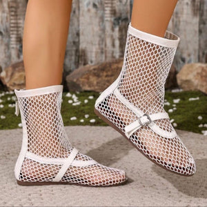 White mesh ankle sandals with strap and buckle detail, breathable and comfortable.