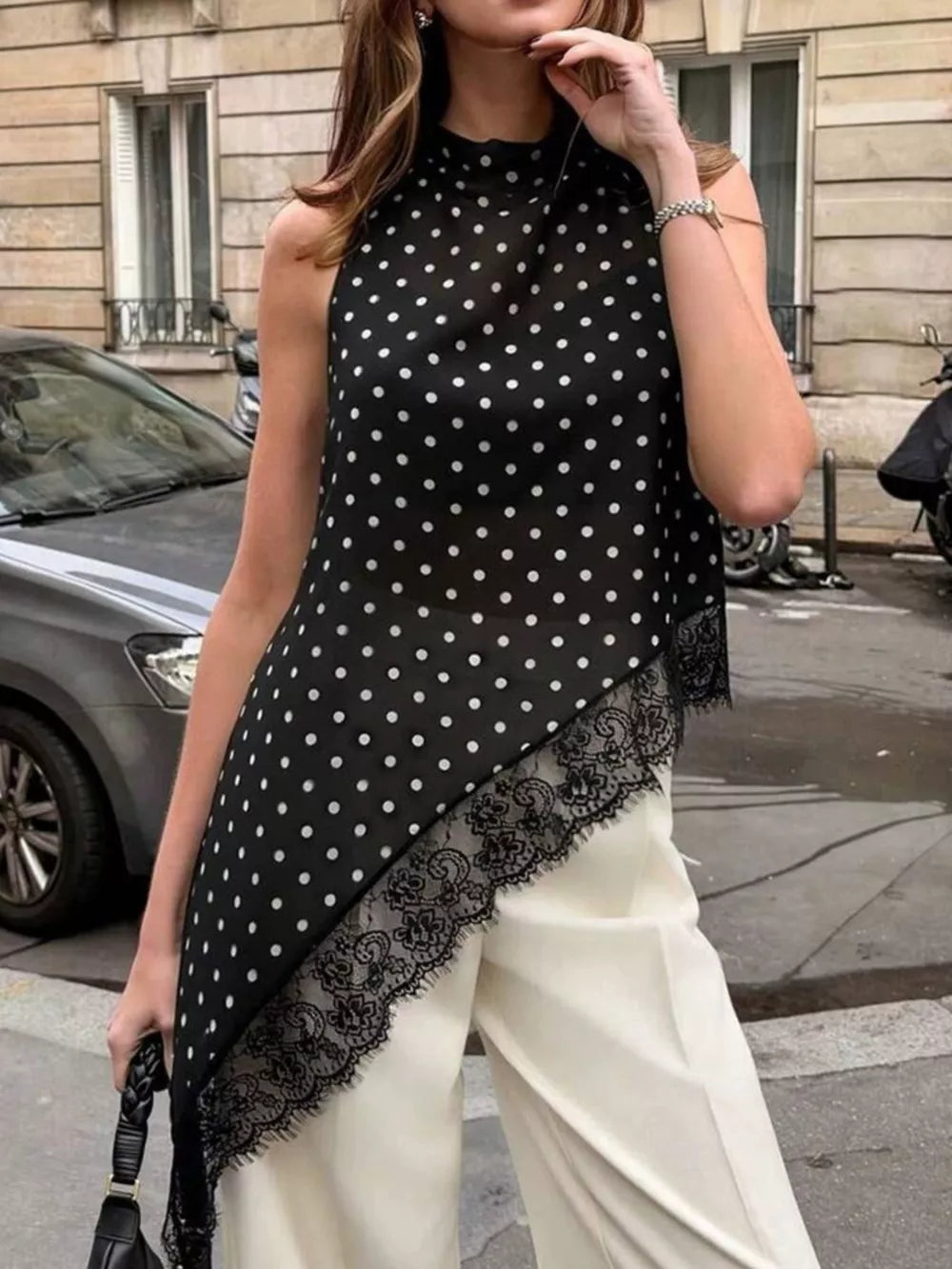 Polka Dot Lace Trim Asymmetrical Hem Sleeveless Blouse in Brown, front view