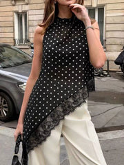 Polka Dot Lace Trim Asymmetrical Hem Sleeveless Blouse in Brown, front view