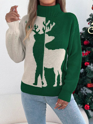 Green and cream colorblock knit sweater with reindeer graphic and turtleneck.