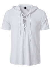 Men's white short sleeve lace-up hooded top