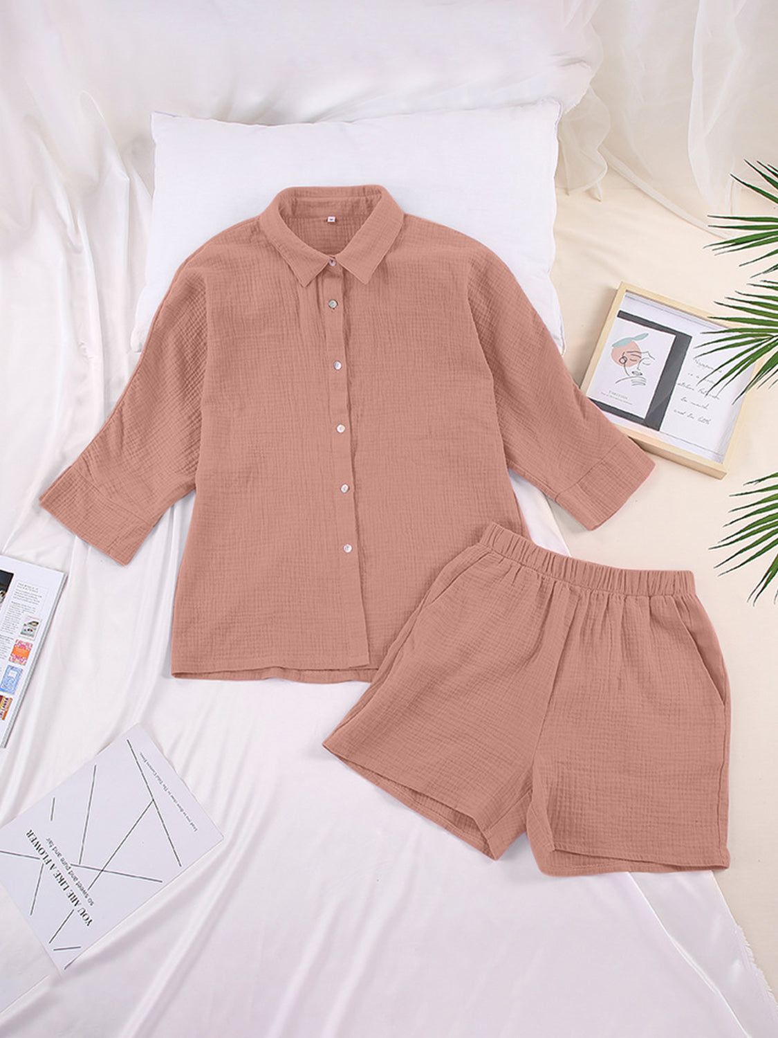 Gauze cotton resort shirt and shorts set in coral, featuring a button-down shirt and elastic waist shorts.