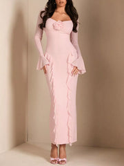 Floral Appliqué Ruffled Maxi Gown