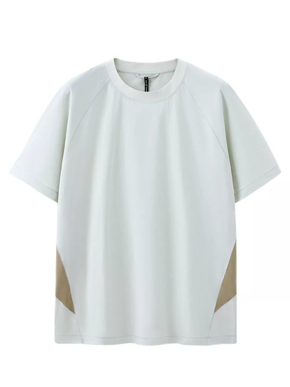 Men's oversized crew neck t-shirt in light green with tan geometric panels on the sides.