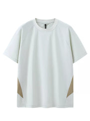Men's oversized crew neck t-shirt in light green with tan geometric panels on the sides.