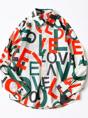 Men's long sleeve cotton shirt with all-over vibrant letter print and button-down front.
