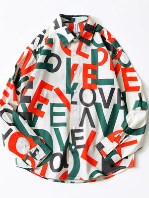 Men's long sleeve cotton shirt with all-over vibrant letter print and button-down front.