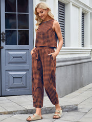Brown gingham cropped tank and wide leg pants set with drawstring waist and pockets.