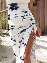 White tie dye ruched midi dress with drawstring side slit