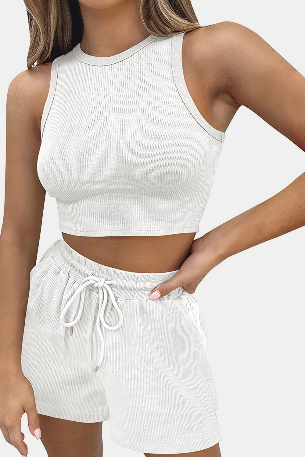 White ribbed knit crop top and drawstring shorts set with a racerback neckline.