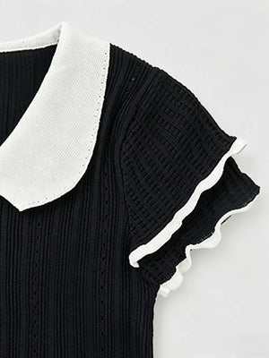 Black maternity t-shirt with white frill collar and ruffled sleeves
