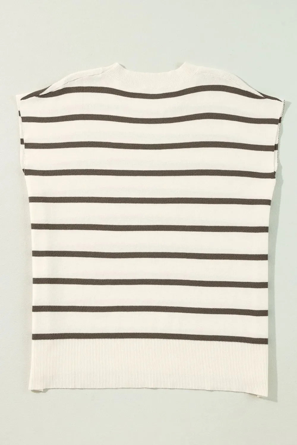 Striped knit cap-sleeve top with a ribbed hem