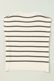 Striped knit cap-sleeve top with a ribbed hem