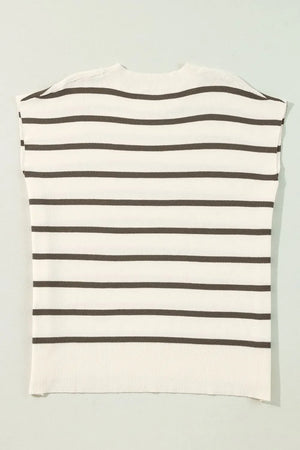 Striped knit cap-sleeve top with a ribbed hem