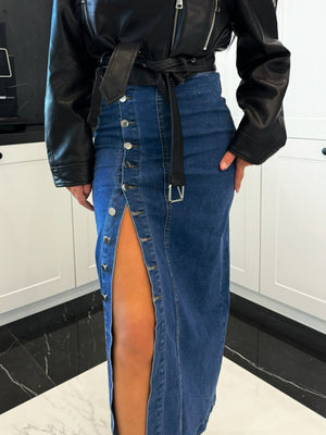Button-front denim midi skirt in medium wash with a high slit and belt.