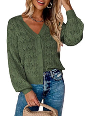 V-neck Openwork Button-down Knit Cardigan in White, alternate angle