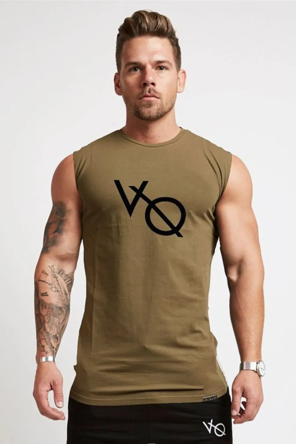 Olive graphic muscle tank top with black VQ logo, sleeveless, crew neck.