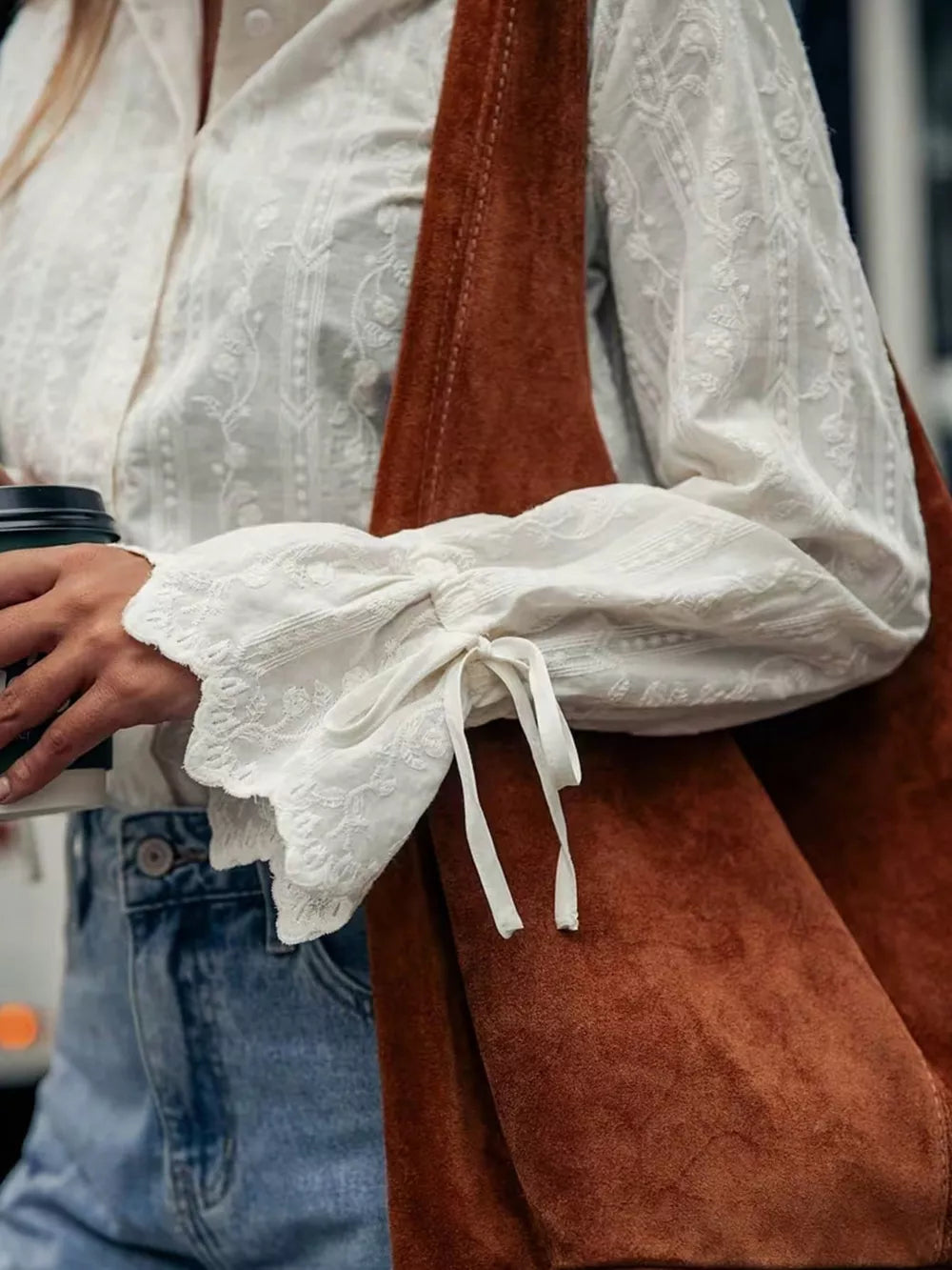 Embroidered Flounce Sleeve Shirt in White, model styling view
