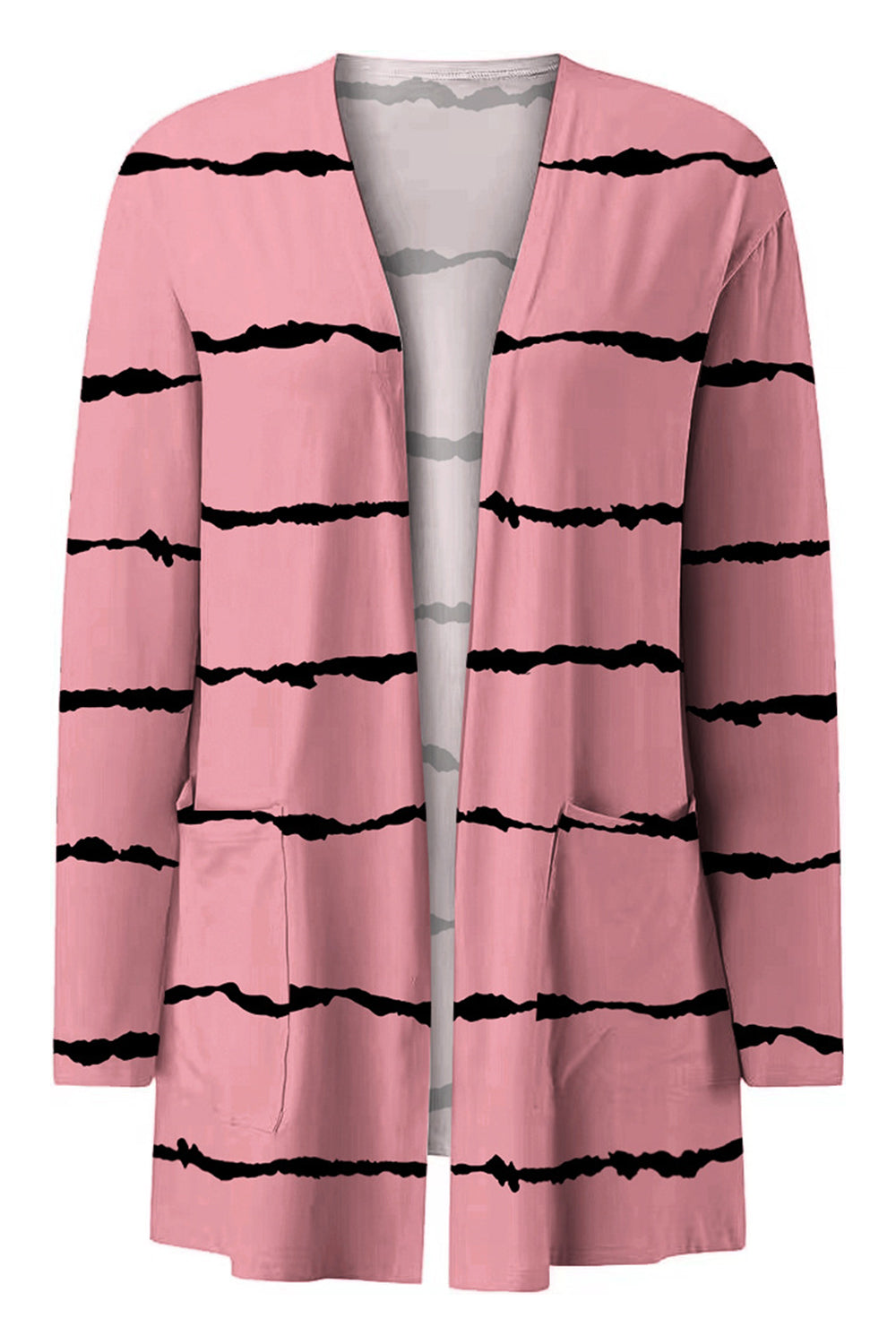Carnation pink open-front duster cardigan with black stripe pattern and pockets.