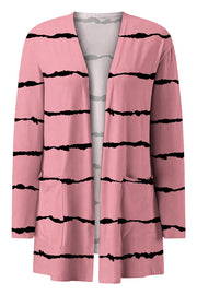 Carnation pink open-front duster cardigan with black stripe pattern and pockets.