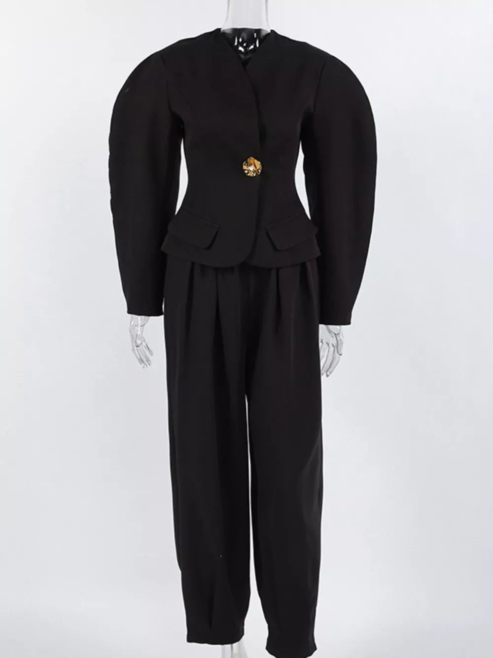 Puffy Sleeve Blazer And Wide-leg Pants Set in Black, alternate angle