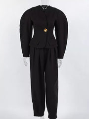 Puffy Sleeve Blazer And Wide-leg Pants Set in Black, alternate angle