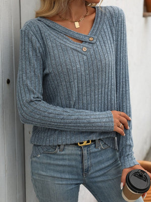 Dusty Blue ribbed knit henley top with keyhole neckline and button detail.