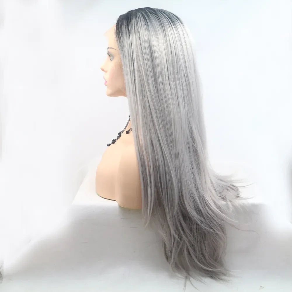 Ombre Cascade lace front wig in black/grey, styled straight and long on a mannequin.