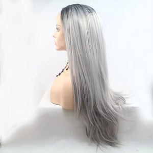 Ombre Cascade lace front wig in black/grey, styled straight and long on a mannequin.
