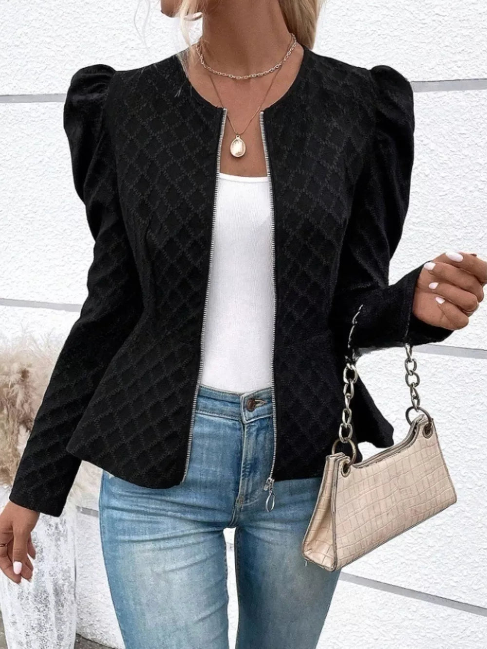 Puff Sleeve Textured Jacquard Jacket in Pink, front view