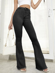 Black bootcut denim trousers with raw hem detail