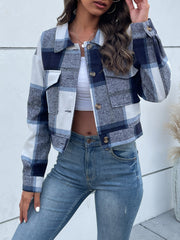 Checked plaid shacket in blue and white with patch pockets and button closure