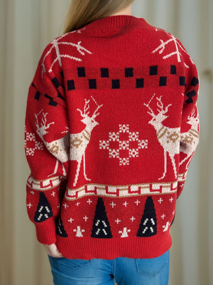 Red knit sweater with reindeer and snowflake motif, crew neck, long sleeves, acrylic.